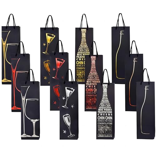 12 Stück Schwarze Wein-Geschenktüten, Flaschentüten für Einzelne Wein, Papier Weintragetaschen Weintüten Geschenktaschen, Kraft Weinbeutel Verpackungtasche für Weiß Rotwein Prosecco Champagner von HoaaiGo