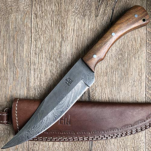 Hobby Hut HH-402, 27.9 cm damaststahl Jagdmesser mit Scheide, Bushcraft, damastmesser jagdmesser, feststehende Full Tang Klinge, Extra Scharf,Camping Messer,Walnuss Holzgriff, Scheide aus Leder von Hobby Hut