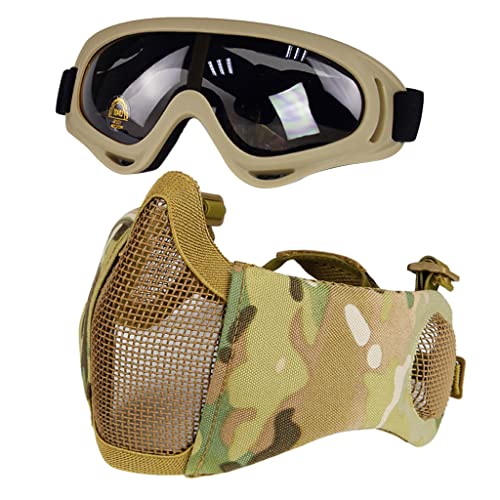 Hodeacc Airsoft-Maske und Brillen-Set, halbe Gesichtsmaske aus Metall mit Gehörschutz, Airsoft-Brille, Augenschutz für Outdoor-Jagd, CS-Spiel (CP Maske) von Hodeacc