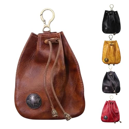 Handmade Cowhide Retro Storage Bag, Portable Retro Handmade Key Pouch, Vintage Leather Drawstring Coin Purse Car Key Bag, Small Leather Drawstring Pouch for Men & Women (Brown) von Hohny