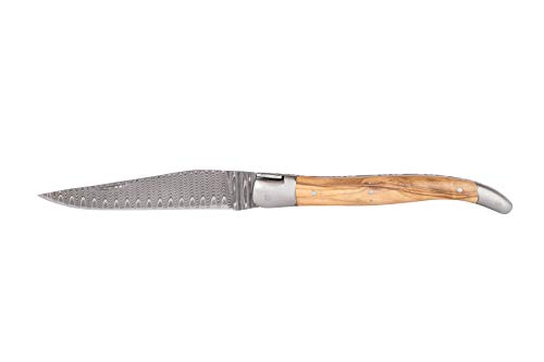 Laguiole en Aubrac Taschenmesser 12 cm, Griffschalen Olivenholz, Klinge und Backen matt, Damast von Holz-Leute