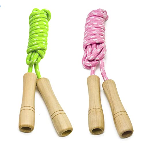 Homello Verstellbare Springseil für Kinder, Springen Seil mit Holzgriff und Baumwollseil, ideal für Fitness Training/Spiel/Fett Brennen Übung - 260cm (Grün + Rosa, 2 Stück) von Homello
