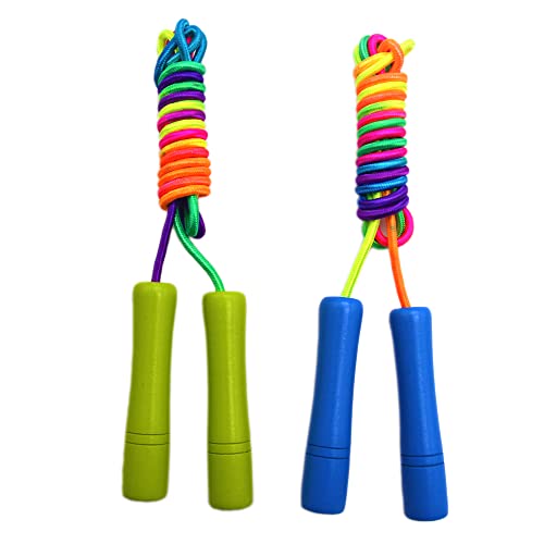 Homello Verstellbare Springseil für Kinder, Springen Seil mit Holzgriff und Regenbogen-Springseil, ideal für Fitness Training/Spiel/Fett Brennen Übung - 200cm (Blau + Hellgrün, 2 Stück) von Homello