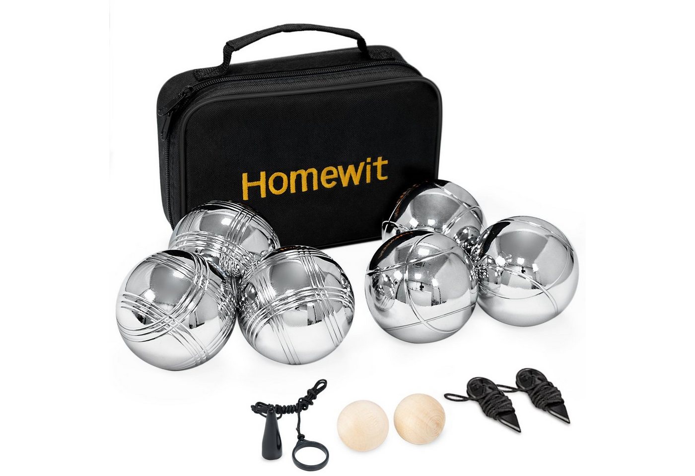 Homewit Spielball Boule Set mit 2 Holzkugel, 2 Abstandsmesser, Magnetvorrichtung, Tasche (Packung set, 6er-Pack), Boules-Kugel Set für Outdoor Sport Spiel Spaß von Homewit