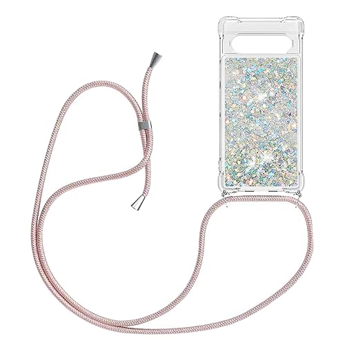 HomiTunky Handykette für Google Pixel 7a Hülle mit Band,Silikon Durchsichtig Transparent Flüssig Glitzer mit Kette Kordel Bumper Treibsand Necklace TPU Schutzhülle Case,Silber von HomiTunky