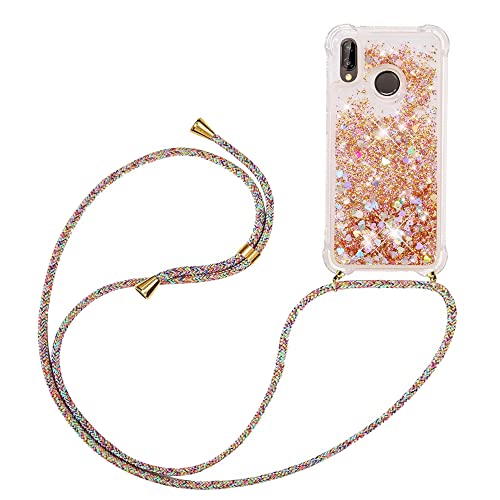 HomiTunky Handykette für Huawei P20 Lite Hülle mit Band,Silikon Durchsichtig Transparent Flüssig Glitzer mit Kette Kordel Bumper Treibsand Necklace TPU Schutzhülle Case,Golden von HomiTunky