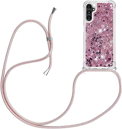 HomiTunky Handykette für Samsung Galaxy A14 5G Hülle mit Band,Silikon Durchsichtig Transparent Flüssig Glitzer mit Kette Kordel Bumper Treibsand Necklace TPU Schutzhülle Case,Rosa von HomiTunky