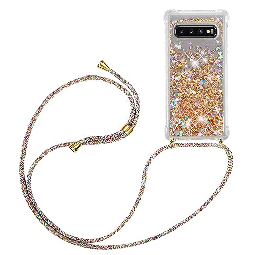 HomiTunky Handykette für Samsung Galaxy S10 Hülle mit Band,Silikon Durchsichtig Transparent Flüssig Glitzer mit Kette Kordel Bumper Treibsand Necklace TPU Schutzhülle Case,Golden von HomiTunky