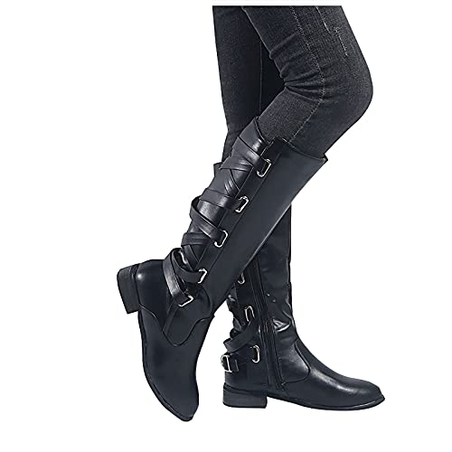 Hotberry Damen Stiefel Kniehoch Gemütlich Flach Lange Stiefel Klassisch Western Cowboy Stiefel Frauen Winter Herbst Schnee Stiefel Reißverschluss Kunstleder Hohe Stiefel Langschaft Stiefel von Hotberry