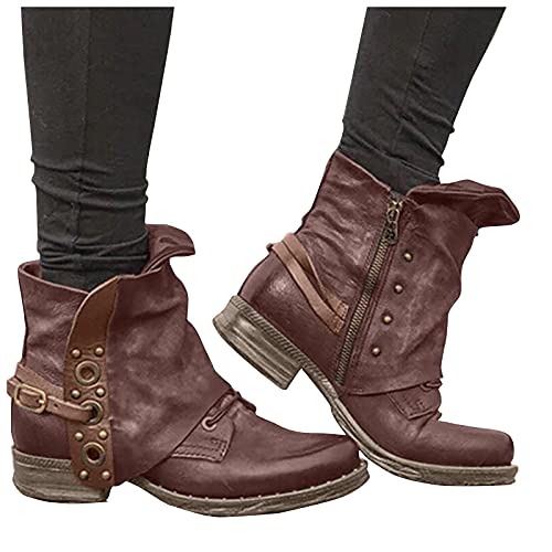 Hotberry Damen Stiefeletten Ankle Boots Retro Western Cowboy Stiefel Lederstiefel Halbschaft Low Heel Schlupfstiefel Kurze Frauen Herbst Winter Komfort Schnürstiefel Stiefel, Braun, (37 EU) von Hotberry