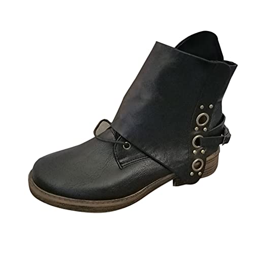 Hotberry Damen Stiefeletten Ankle Boots Retro Western Cowboy Stiefel Lederstiefel Halbschaft Low Heel Schlupfstiefel Kurze Frauen Herbst Winter Komfort Schnürstiefel Stiefel, Schwarz, (38 EU) von Hotberry