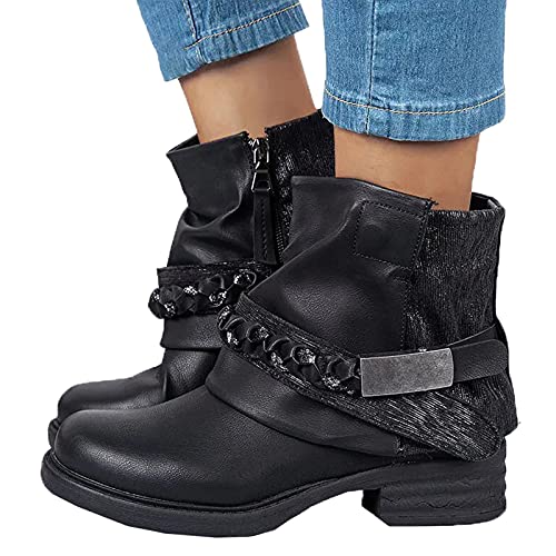 Hotberry Damen Stiefeletten Slip-On Leder Runde Zehe Niedrige Schuhe Cowboy Ritter Stiefel Mode Damen Schlupfstiefel Kurzschaft Stiefel Retro Seitenreißverschluss Ankle Boots Biker Boots für Frauen von Hotberry