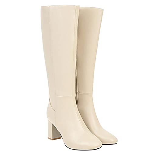 Hotberry Damen Stiefeletten Warme Lange Stiefel Hohe Boots Elegante Sexy Runde Zehe Plattformen High Heel Frauen Herbst Winter Reißverschluss PU Lederstiefel Schuhe, Beige, (39 EU) von Hotberry