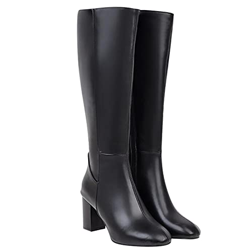 Hotberry Damen Stiefeletten Warme Lange Stiefel Hohe Boots Elegante Sexy Runde Zehe Plattformen High Heel Frauen Herbst Winter Reißverschluss PU Lederstiefel Schuhe, Schwarz, 37 EU von Hotberry