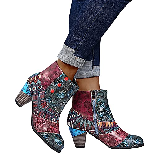 Hotberry Stiefelette Damen Retro Bohemian Kurze Stiefel mit Dicke Absatz Kompfort Leder Wasserdicht Ankle Boots Bootie Frauen Herbst Winter Seitlicher Reißverschluss Knöchelhoch Stiefel von Hotberry