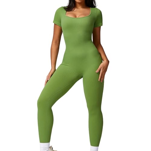 Hotfiary Frauen Gerippte Einteiler Jumpsuits Yoga Workout Kurzarm Body Lange Leggings Strampler Playsuit von Hotfiary