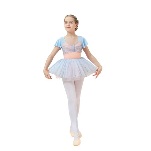 Hotfiary Mädchen Ballett Kleider, Ruffle Kurze Ärmel Ballett Outfit Gymnastik Tanz Trikot mit Pailletten Tüll Rock, Kleinkind Kinder Ballerina Outfit, Kinder Ballett Kleidung für 1-12 Jahre von Hotfiary