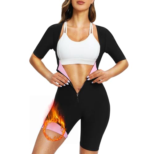 Hotfiary Saunaanzug für Frauen Ganzkörper-Schweiß-Jumpsuit Taillentrainer 4 in 1 Schlankheits-Bodyshaper-Body mit Ärmelshorts Saunaanzüge von Hotfiary