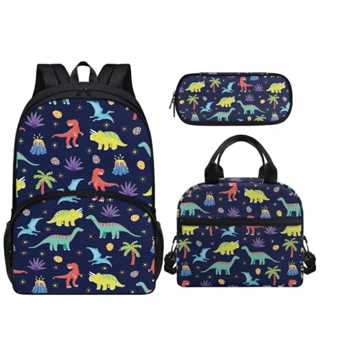 Howilath 3 in 1 Rucksack für Mädchen Isolierte Lunchbox und Federmäppchen Kinderrucksäcke, Dinosaurier blau von Howilath