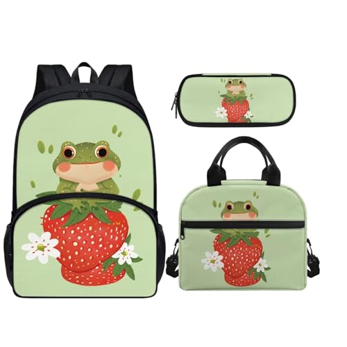 Howilath 3 in 1 Rucksack für Mädchen Isolierte Lunchbox und Federmäppchen Kinderrucksäcke, Grüner Frosch Erdbeere von Howilath