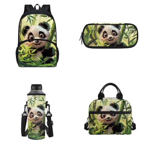 Howilath Kinder-Rucksack, 4-teiliges Set, Schultasche für Mädchen, Vorschule, Büchertasche, 43,2 cm, Schultasche, Panda-Grün von Howilath