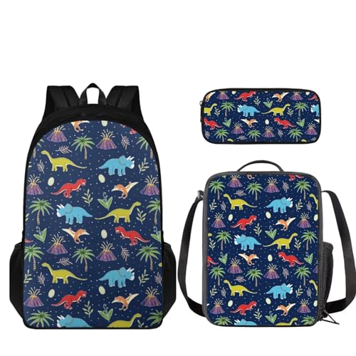 Howilath Kinder-Rucksack mit Lunchbox für Kinder im Alter von 8–10, 12–14 Jahren, Schultasche/Lunch-Tasche, Federmäppchen, Dinosaurier Blau von Howilath