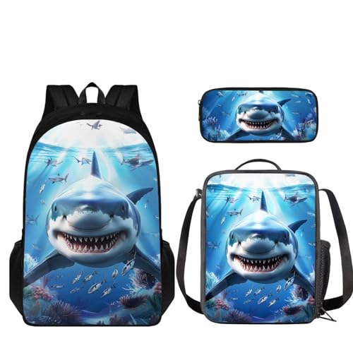 Howilath Kinder-Rucksack und Lunchtasche für Mädchen, 3-in-1-Schultasche, Lunchbox, Federmäppchen, Blau (Shark Blue) von Howilath