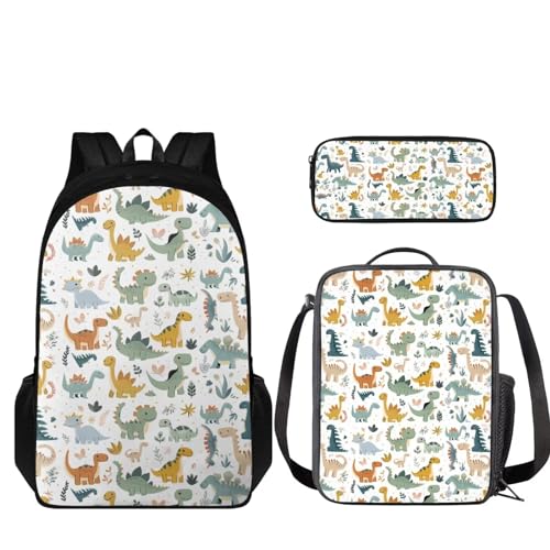 Howilath Kinder-Rucksack und Lunchtasche für Mädchen, 3-in-1-Schultasche, Lunchbox, Federmäppchen, Weißer Dinosaurier von Howilath