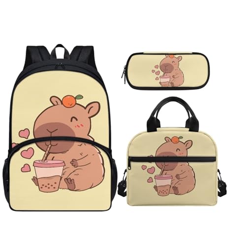 Howilath Lunchbox und Rucksack und Federmäppchen für Kinder, Mädchen, leicht, lässiger Tagesrucksack, Capybara von Howilath