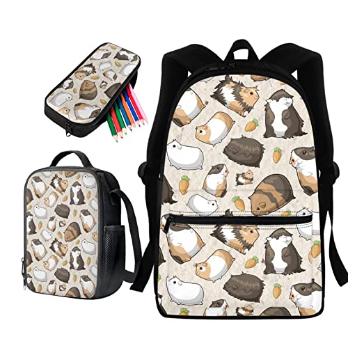 Howilath Studenten-Rucksack-Set, 3 Paar, Lunchtasche + Büchertasche mit Fronttasche + Federmäppchen, Geparden-Alpaka-Hamster-Baseball, Meerschweinchen, Modern von Howilath