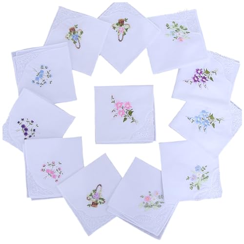 Hperu Taschentücher für Frauen 12pcs 11x11inch Baumwollblume gesticktes Taschentuch mit Spitzen weiße Hankies für Frauen Tee Party Gefälligkeiten, zufällige Stil -Taschentücher von Hperu