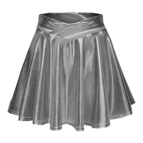 Glitzer Rock Damen, Silber Rock Damen Metallic Faltenrock Mini Skater Rock Metallischer Lederrock Sexy Hohe Taille A-Linie Rock Karneval Metallic Y2K Tennisrock Tanzrock Rave Party Club Kostüme von Hsternexy