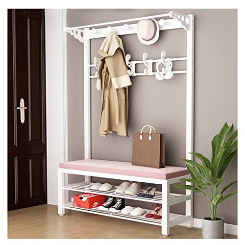 Exquisite Clothes Rail Rack Shoe Bench Coat Stand Rack Hanger 4-in-1 Coat Rack Shoe Bench Entryway with 15 Hooks and 2-Tier Shoe Storage Bench,Metal Coat Hat Stand Rod for Hanging Jacket,Easy Assemb von HuAnGaF