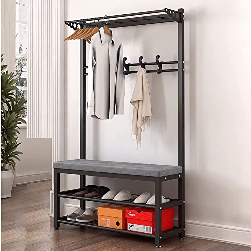 Exquisite Clothes Rail Rack Shoe Bench Coat Stand Rack Hanger Coat Rack Coat Rack Shoe Bench, 3 In 1 Entryway With Shoe Storage Bench, Free Standing Coat Stand With 9 Removable Hooks And 3-Tier Shoe von HuAnGaF