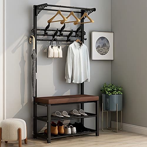 Exquisite Clothes Rail Rack Shoe Bench Coat Stand Rack Hanger Coat Rack Metal Coat Rack With Shoe Bench, Coat Stand With 2-Layer Shoe Rack And 10 Hooks, 3-In-1 Entryway With Seat And Steel Frame For von HuAnGaF