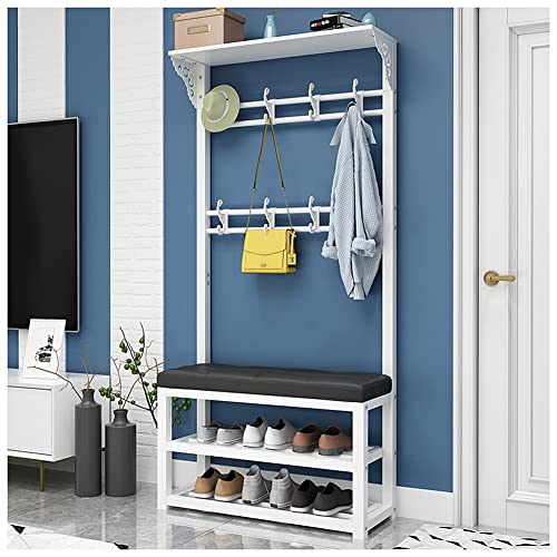 Exquisite Clothes Rail Rack Shoe Bench Coat Stand Rack Hanger Entryway Bench With Coat Rack Shoe Bench Mudroom With 2-Tier Storage Shelves 4-in-1 Industrial Design With Seat Cushion With Hooks For C von HuAnGaF