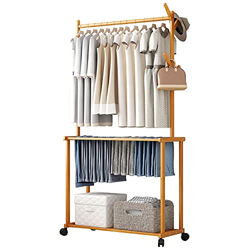 HuAnGaF Exquisite Clothes Rail Rack Bamboo Coat Stands, 4 in 1 Independent Rolling Coat Rack with 4 Hooks and Pants Hanger, Clothes Hanging Rail for Hallway Bedroom Entrance, 60kg Load, 3 Sizes 175cm von HuAnGaF