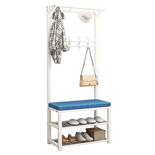 HuAnGaF Exquisite Clothes Rail Rack Standing Coat Rack with Shoe Bench Metal Industrial Entryway with Hooks and 2-Tier Shoe Shelf, for Narrow Hallway, Small Entryway (Blue von HuAnGaF
