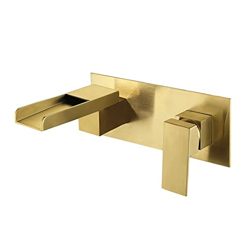 HuAnGaF Waterfall Bathroom Faucet, Widespread Basin Faucets Brass Wall Mounted Bathroom Sink Faucets Single Handle Hot and Cold Water Tap (Brushed Gold) von HuAnGaF