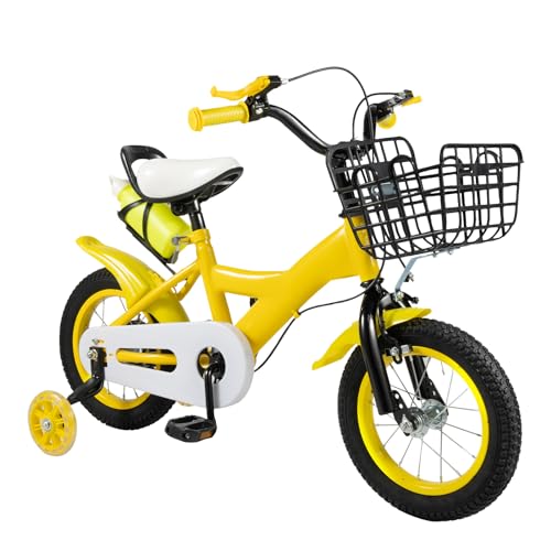 HuKaiL 12 Zoll Kinderfahrrad, Jungen Mädchen Fahrrad Kohlenstoffstahl, Kinderrad mit Aufbewahrungskorb, Höhenverstellbares Ausbildungsfahrzeuge mit Stützräder und Duales Bremssystem, Gelb von HuKaiL