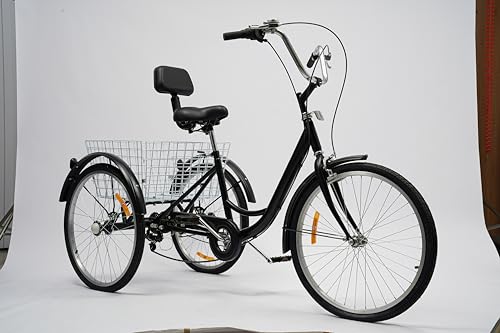 HuKaiL 24 Zoll Dreirad für Erwachsene, 6 Gang Dreiräder mit Korb und Rückenlehne, Höhenverstellbares Dreirädriges für Erwachsene und Senioren zur Freizeitgestaltung, Weiß von HuKaiL