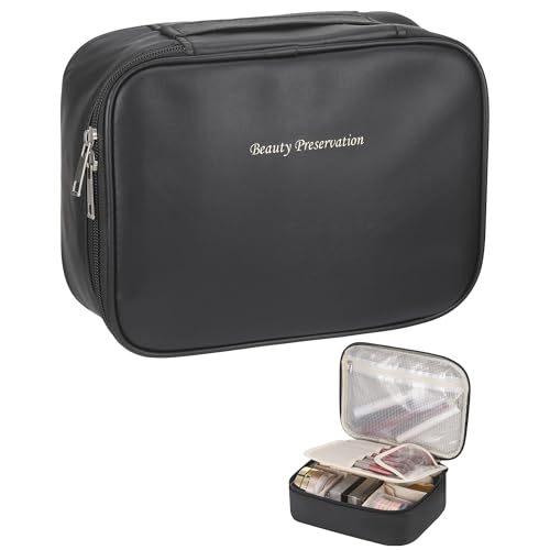 Huiguli Kosmetiktasche Damen, Groß Make Up Tasche Organizer mit Griff und Abnehmbarem Bürstenfach, PU Leder Tragbare Cosmetic Bag Organizer, Reise Schminktasche Schwarz von Huiguli