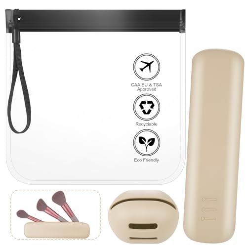 Huiguli Silikon Makeup Pinsel Halter + Make Up Schwammhalter + Transparente Reisebeutel Flugzeug, Portable Reise Make Up Pinsel Tasche für Frau Tourismus Sports, Khaki von Huiguli
