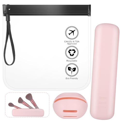 Huiguli Silikon Makeup Pinsel Halter + Make Up Schwammhalter + Transparente Reisebeutel Flugzeug, Portable Reise Make Up Pinsel Tasche für Frau Tourismus Sports, Rosa von Huiguli