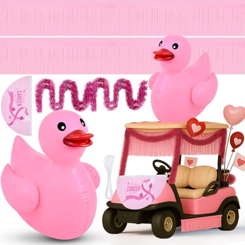 Hungdao 11-teiliges Brustkrebs-Golfwagen-Dekorationsset beinhaltet 1 x 1,2 m rosa aufblasbare Ente, 4 x rosa Lametta-Girlande, 4 x Lametta-Girlande, 1 x Fächerflagge, 1 x Seil für von Hungdao