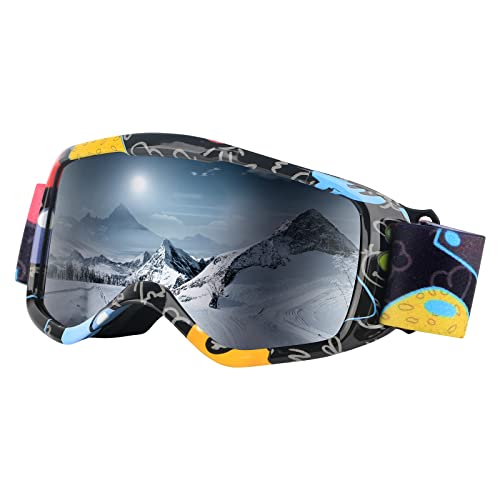 HuoBi Kinder Skibrille, Outdoor Skibrille, 100% UV Schutz, OTG Anti-Beschlag-Brille, Helm kompatibel Geeignet für Snowboarden, für Mädchen Jungen Teenager (Silber) von HuoBi