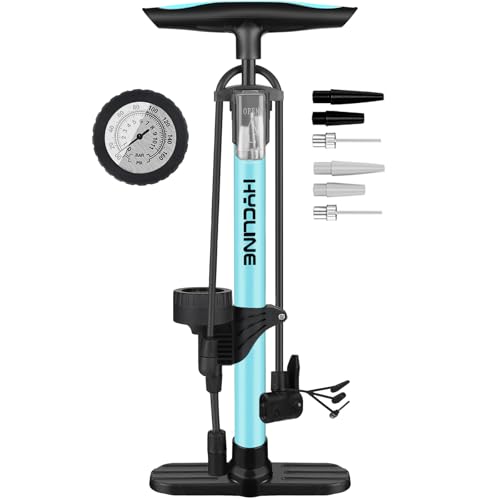 Hycline Fahrradpumpe Luftpumpe mit Manometer: 160 PSI Standpumpe für alle Ventile, für Bike, Reifen, Ball, Luftkissen Blau von Hycline