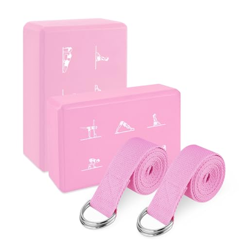 IBEQUEM 2PCS Yoga Block, hochdichte, rutschfeste EVA Schaumstoffblöcke mit 2 verstellbaren Dehnungsbändern, ideal für Pilates und Stretching für Fitness-Enthusiasten (Rosa, M) von IBEQUEM