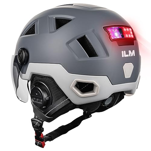 ILM Bluetooth Helm Fahrrad Herren Damen mit Licht-Fahrradhelm mit Visier LED Front-und-Hintergrundbeleuchtung Intelligente Bremsen-Warnfunktion,Bluetooth Grau,L/XL von ILM