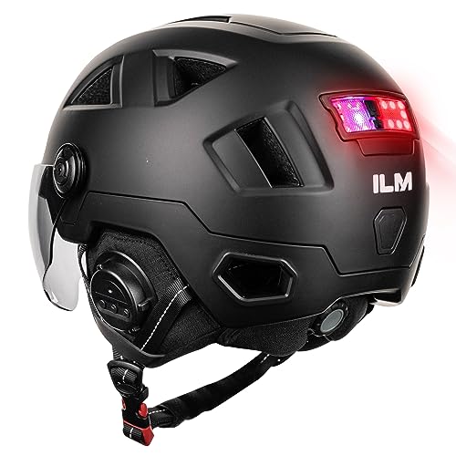 ILM Bluetooth Helm Fahrrad Herren Damen mit Licht-Fahrradhelm mit Visier LED Front-und-Hintergrundbeleuchtung Intelligente Bremsen-Warnfunktion,Bluetooth Mattschwarz,L/XL von ILM